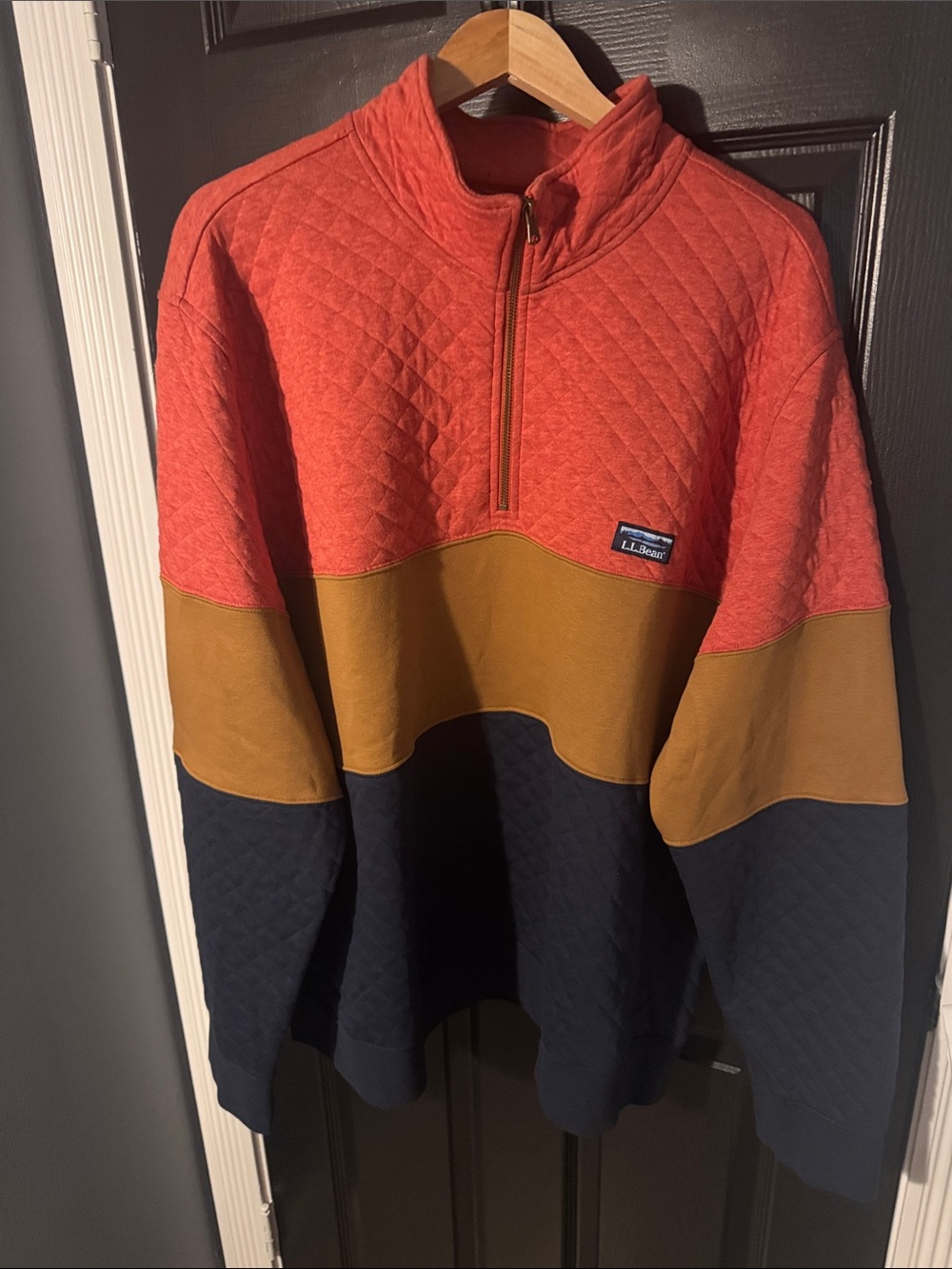 L.L.Bean Quilted Colorblock Half-Zip Pullover in Orange, Mustard, Navy